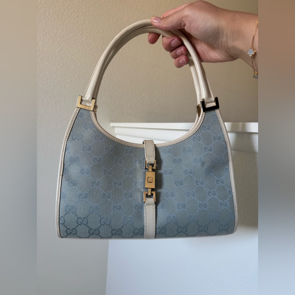Vintage Y2k Gucci Jackie Bardot Hobo shoulder bag in Blue & cream leather